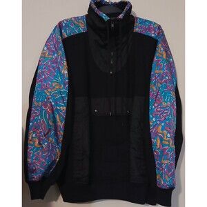 Vintage 90s Chinawear Pullover Womens L Black Neon Abstract 1/2 Zip Jacket